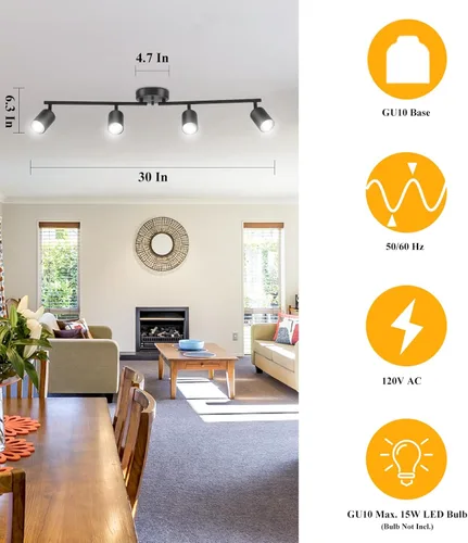 Vista 4 de Kit de iluminación LED de 4 luces BoostArea, iluminación de techo de 4 direcciones en negro, cabezal de luz flexible giratorio para cocina, sala