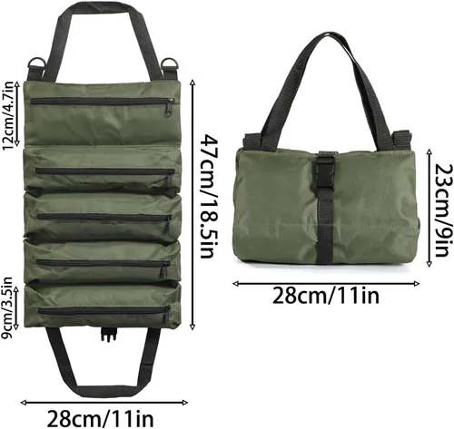 Vista 2 de Bolsa de herramientas enrollable resistente – Organizador de rollos de herramientas de mano de 5 bolsillos Bolsa de herramientas impermeable
