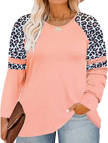 CARCOS Camisetas de talla grande para mujer, manga larga, raglán, estampado floral, teñido anudado, camuflaje, azteca, leopardo, otoño, talla XL, 5XL