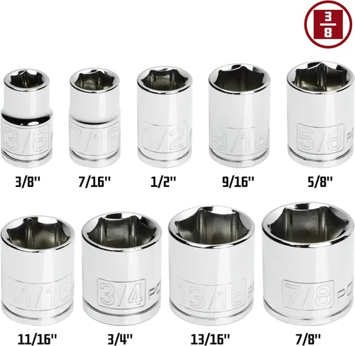 Vista 2 de Powerbuilt 641716 - Juego de llaves de vaso SAE de 9 piezas de 3/8 pulgadas de acero al cromo vanadio de 6 puntos (3/8" a 7/8") con aberturas