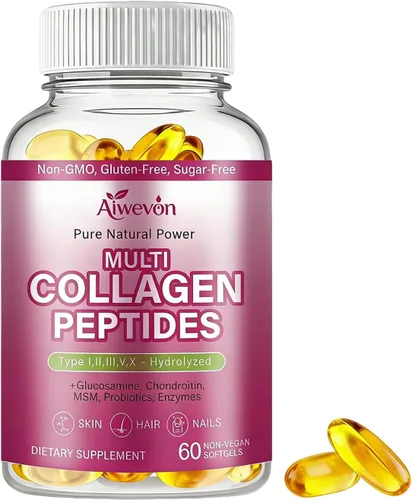 Cápsulas de péptidos de colágeno múltiple 9500 mg: Suplemento de colágeno hidrolizado tipo I II III V X con ácido hialurónico glucosamina MSM
