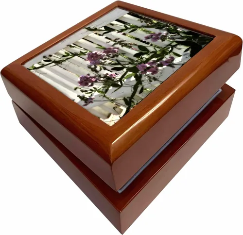 3dRose Sweet Pea Flowers and a white fence, Jewelry Box jb-162108-1