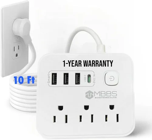 Vista 13 de Regleta de protección contra sobretensiones de 4 pies con USB C, protección 1200J, cable de extensión resistente, (7 en 1), 3 salidas de CA, 4
