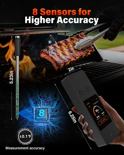 Vista 5 de Termómetro inalámbrico para carne con Bluetooth y aplicación, pantalla táctil, alarma audible, 2 sondas, alcance de 800 pies y base recargable