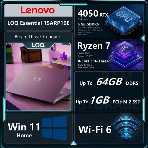 Vista 2 de PCONLINE Lenovo LOQ RTX 4050 Ryzen 7 170 - Laptop para juegos, 16 GB DDR5