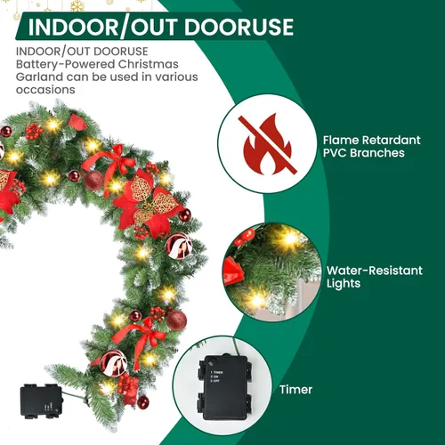 Vista 5 de Guirnalda de Navidad con luces, guirnalda de Navidad preiluminada de 9 pies con 30 luces LED para repisa, decoración de Navidad para interiores