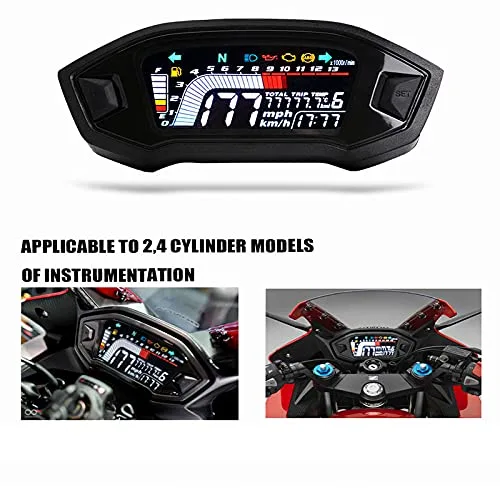 Vista 2 de ELING Velocímetro universal para motocicleta, tacómetro de nivel de combustible, medidor de odómetro digital LCD para 2 y 4 tipos de cilindros