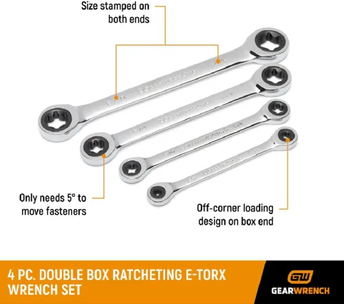 Vista 3 de GEARWRENCH Juego de llaves E-Torx de trinquete de caja doble de 4 piezas - 9224D, plata