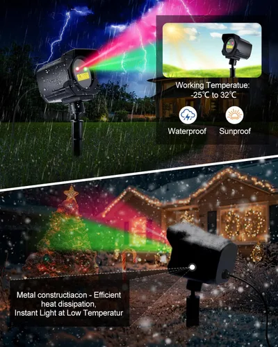 Vista 7 de Proyector de luces de Navidad para exteriores, proyector de luz láser de carcasa de metal grueso, luz roja y verde para decoración de Navidad