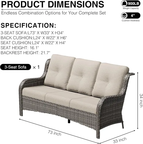 Vista 2 de Joyside Sofá de patio al aire libre, sofá de mimbre para exteriores de 3 plazas con respaldo alto, asientos profundos, reposabrazos anchos, cojines