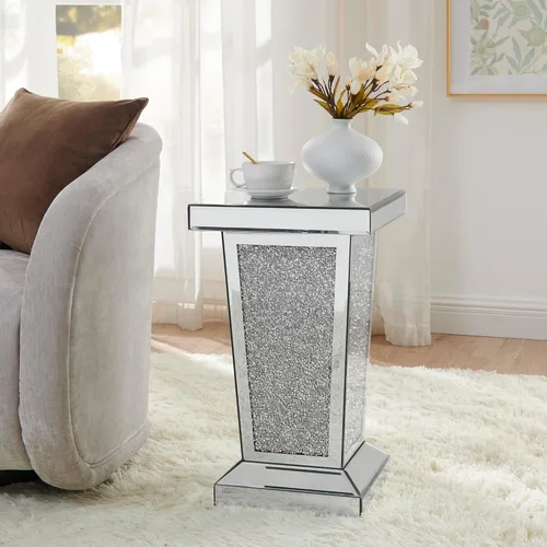 Vista 22 de HomVent Mesita de noche con espejo, mesa auxiliar con espejo, mesa de noche pequeña de cristal plateado para dormitorio, sala de estar