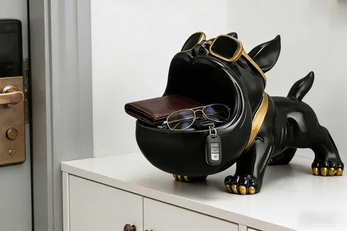 Vista 2 de CUZOKOLA - Bandeja grande de bulldog francés con estatua de perro, plato de dulces moderno para mesa de entrada, llaves, cuenco de dulces