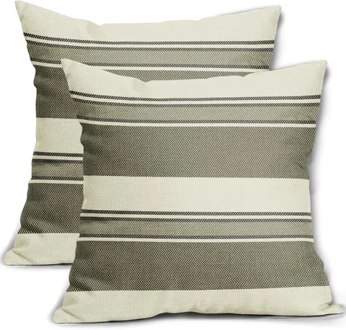 Vista 12 de Juego de 2 fundas de almohada a rayas negras y marrones de 16 x 16 pulgadas, diseño de rayas bohemias con estampado de rayas color crema, fundas