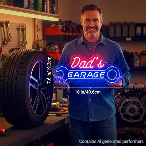 Vista 6 de Letrero de neón de garaje para papá, letrero LED personalizado con forma de llave, decoración de pared retro de mecánico de automóviles, letrero