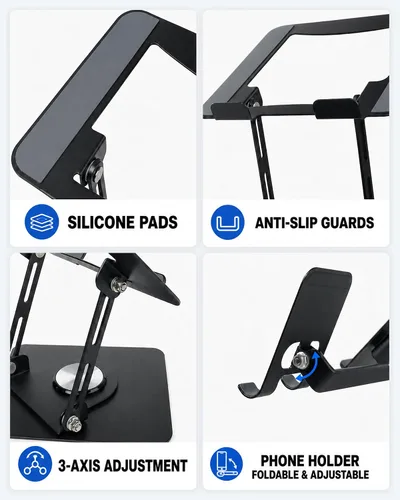 Vista 8 de 2-in-1 Laptop Stand with Phone Holder, 360° Swivel Laptop Riser for Desk Black