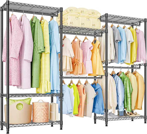 Vista 20 de M MZG Perchero resistente con ruedas de 3 niveles de alambre ajustable con 3 varillas y ganchos laterales, estante de ropa para armario, color Negro