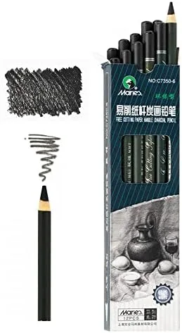Vista 2 de Marie's Artist - Juego de 12 lápices de carbón con mango de papel negro suave, lápices de carbón para dibujar y dibujar