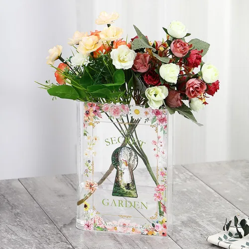 Vista 9 de Florero acrílico con forma de libro para flores, florero de libro, pequeños jarrones transparentes para el hogar, sala de estar, estantería