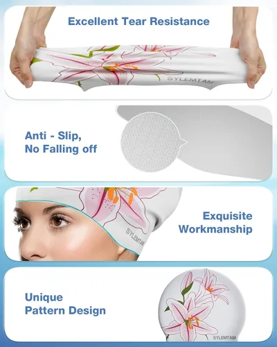 Vista 3 de Gorro de natación para mujer, gorro de natación de silicona para cabello largo, antideslizante, impermeable, para mujeres adultas, cómodo gorro
