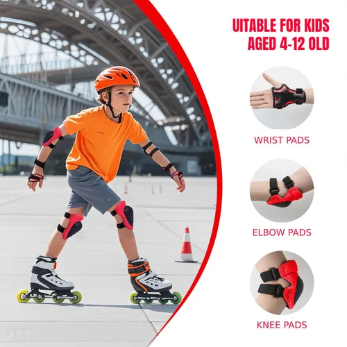 Vista 2 de GEQID Rodilleras, coderas y muñequeras para niños, juego de equipo de protección para patinaje en línea, scooter, patinaje, bicicleta