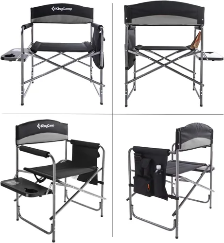 Vista 4 de KingCamp Silla de director acolchada plegable para acampar con mesa auxiliar y bolsillo, color gris