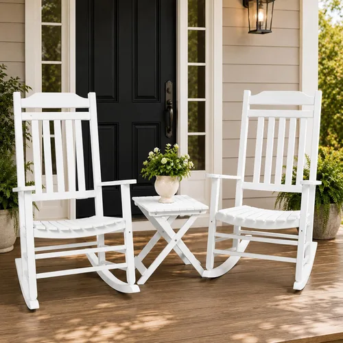 Vista 15 de Kozyard Mecedora de madera, silla mecedora de madera maciza para exteriores con respaldo alto y asiento de listones, mecedora ergonómica
