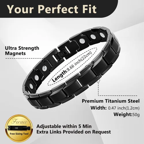 Vista 2 de Feraco Pulsera magnética para hombre, efectiva pulsera magnética de acero de titanio con herramienta de tamaño, color negro