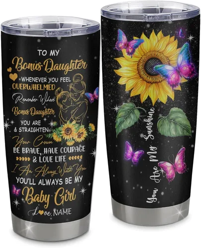 Vista 9 de Vaso de acero inoxidable personalizado con texto en inglés «To My Bonus Daughter From Stepmom», vaso curvado de 20 onzas con diseño de girasol
