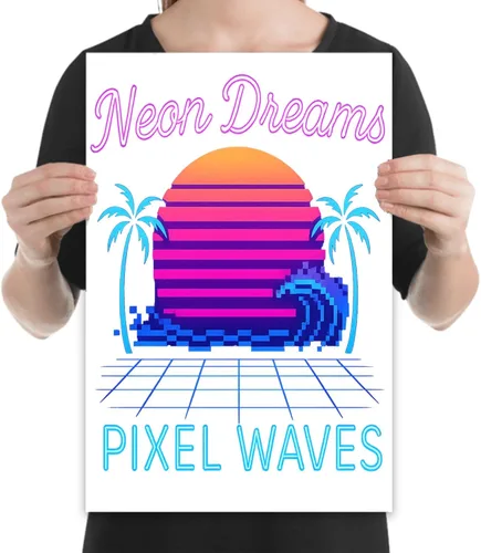 Vista 2 de Neon Grid Horizon - Gaming Room Decor - 13x19 Poster Print - Retro Art