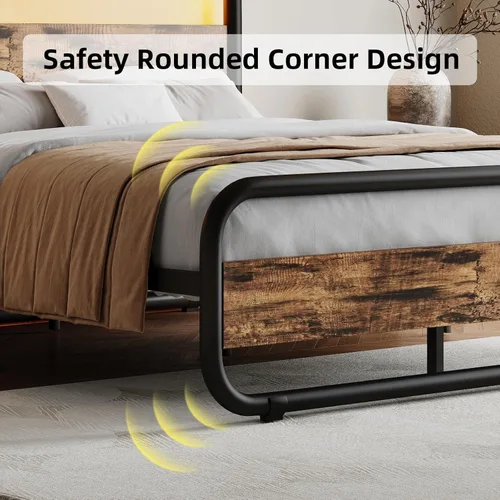 Vista 4 de Catrimown - Base de cama individual con luces LED, resistente marco de cama de plataforma individual rústico de metal con cabecera de madera, Marrón