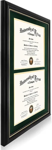 Vista 4 de GraduationMall Marco de diploma doble de 8.5 x 11 pulgadas, madera maciza y acrílico con protección UV, acabado negro con borde dorado, verde bosque