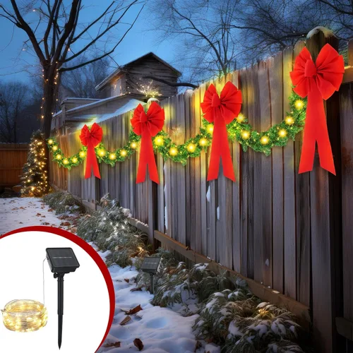 Vista 3 de Knitgrip 2 piezas de decoraciones de valla de Navidad de 9 pies en total de 18 pies con luz solar, guirnalda de Navidad al aire libre con 4 lazos