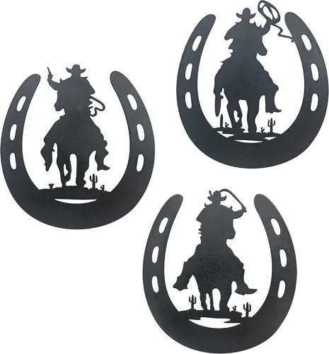 WAIU Decoración de pared de metal de herradura con vaquero, zapatos de caballo de estilo rústico occidental, decoración colgante para dormitorio,