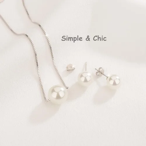 Vista 5 de Single Pearl Necklace Earrings Set Silver GoldRhodium Plated, Classic Silver Jewelry Set Gifts for WeddingBirthday