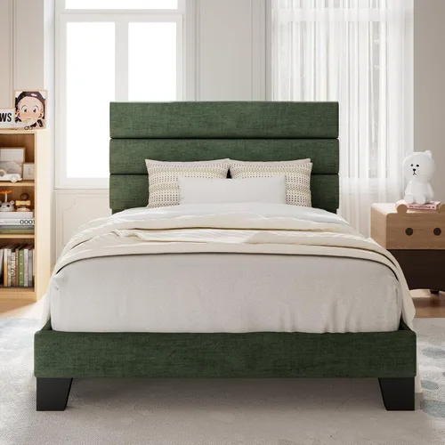 Vista 28 de Allewie Base de cama de plataforma de tamaño individual con cabecera tapizada de tela y soporte de listones de madera, base de colchón totalmente