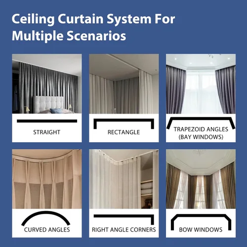 Vista 6 de Divisor de habitación con rieles para cortinas montadas en el techo, juego extra ancho de cortinas opacas con rieles flexibles para dormitorio