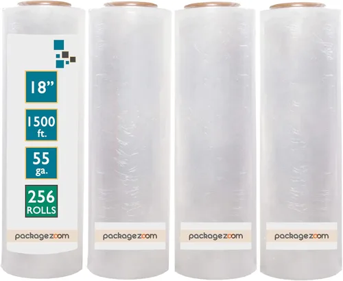 Vista 8 de 4 rollos de película de envoltura elástica resistente de 18" x 1500 pies - calibre 55, rollo de envoltura de plástico transparente para palés