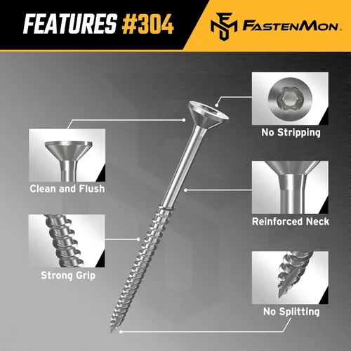 Vista 3 de #10x2 Tornillos de acero inoxidable para cubierta, grado 304, 100 piezas, broca T25 Star Drive, ideal para proyectos de madera al aire libre