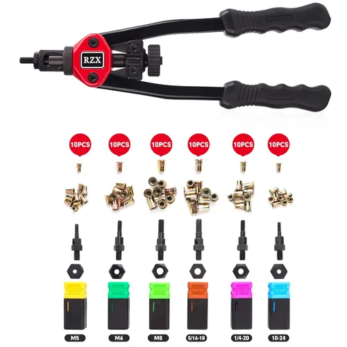 Vista 2 de RZX Kit de remache de tuerca de remache de 13 pulgadas, tuerca de rosca, remachadora manual M5 M6 M8 SAE 10-24, 1/4-20 y 5/16-18 con 60 tuercas