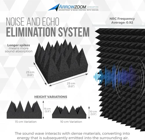 Vista 3 de Arrowzoom 12 paneles de espuma acústica, 10 x 10 x 4 pulgadas, panel piramidal negro de alta densidad, con cancelación de ruido, tratamiento