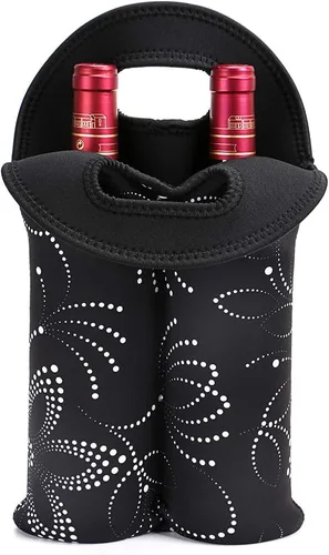 Hipiwe Bolsa de transporte de vino con dos botellas aisladas de neopreno para botella de vino/agua para viajes con asa de transporte segura (negro)