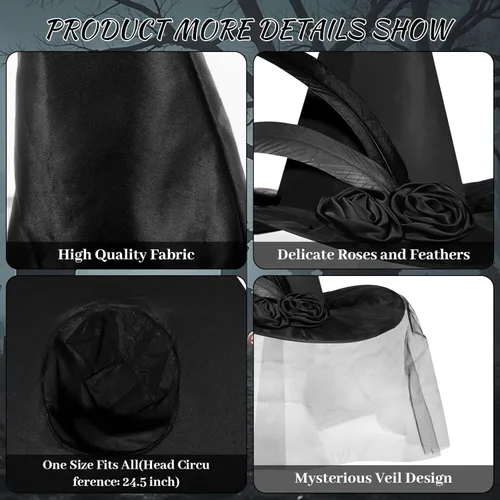 Vista 3 de JUSTOTRY Sombrero de bruja de Halloween, disfraz de Halloween, sombreros de brujas para mujer unidos con rosas y plumas
