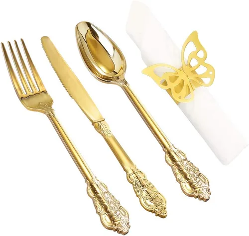 Vista 15 de Nervure Juego de cubiertos de plástico dorado de 90 piezas, juego de cubiertos desechables resistentes, utensilios de plástico dorado de lujo que