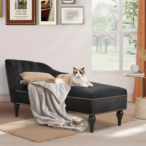 Polibi Tumbona pequeña de 58 pulgadas con cabeza de clavos, moderna tumbona de terciopelo copetuda para sala de estar u oficina, sofá de descanso /