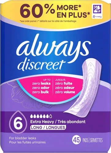 Vista 8 de Always Discreet Almohadillas para incontinencia adulta para mujer, absorción extra pesada, longitud larga, almohadillas posparto, 45