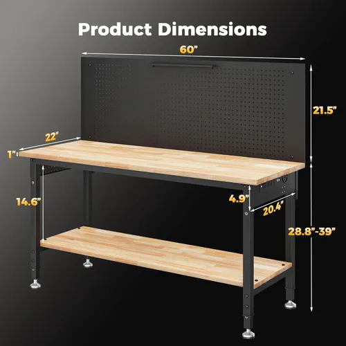 Vista 8 de CAMMOO Banco de trabajo de 60 pulgadas de altura ajustable con estante de almacenamiento, carga máxima de 2000 LBS, tablero de madera de caucho