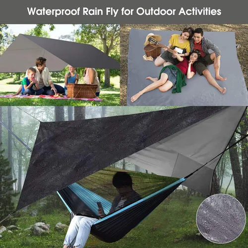 Vista 4 de Hamaca de campamento con red de mosquitos, toldo impermeable, correas de árbol de nailon resistentes, paracaídas, hamaca individual o doble, tienda