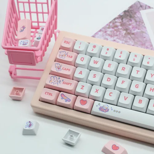 Vista 6 de Animal Rabbit - Lindas teclas de conejo personalizadas para teclado mecánico, 130 teclas de sublimación de tinte PBT (conejo rosa)