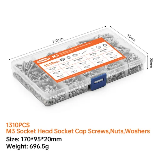 Vista 6 de Juego de 1310 tornillos de cabeza hexagonal M3 x 4/5/6/8/10/12/14/16/18/20/25/1.181 in, tornillos y tuercas planas, arandelas planas, acero