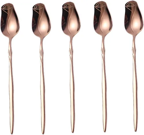 Vista 7 de Juego de 5 cucharas de acero inoxidable, diseño de flores de rosas y cucharas con forma de fiesta (café, postre, helado, té), color plateado